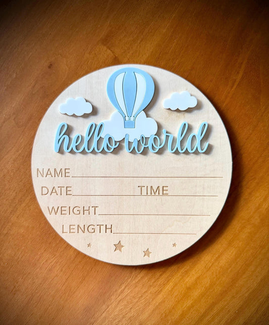 Blue Hot Air Balloon 'Hello World' Plaque