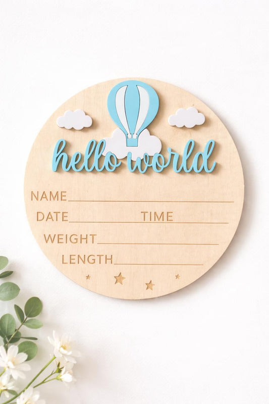 Blue Hot Air Balloon 'Hello World' Plaque