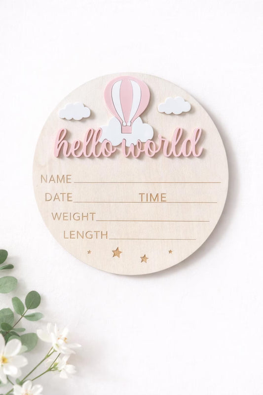 Pink Hot Air Balloon 'Hello World' Plaque