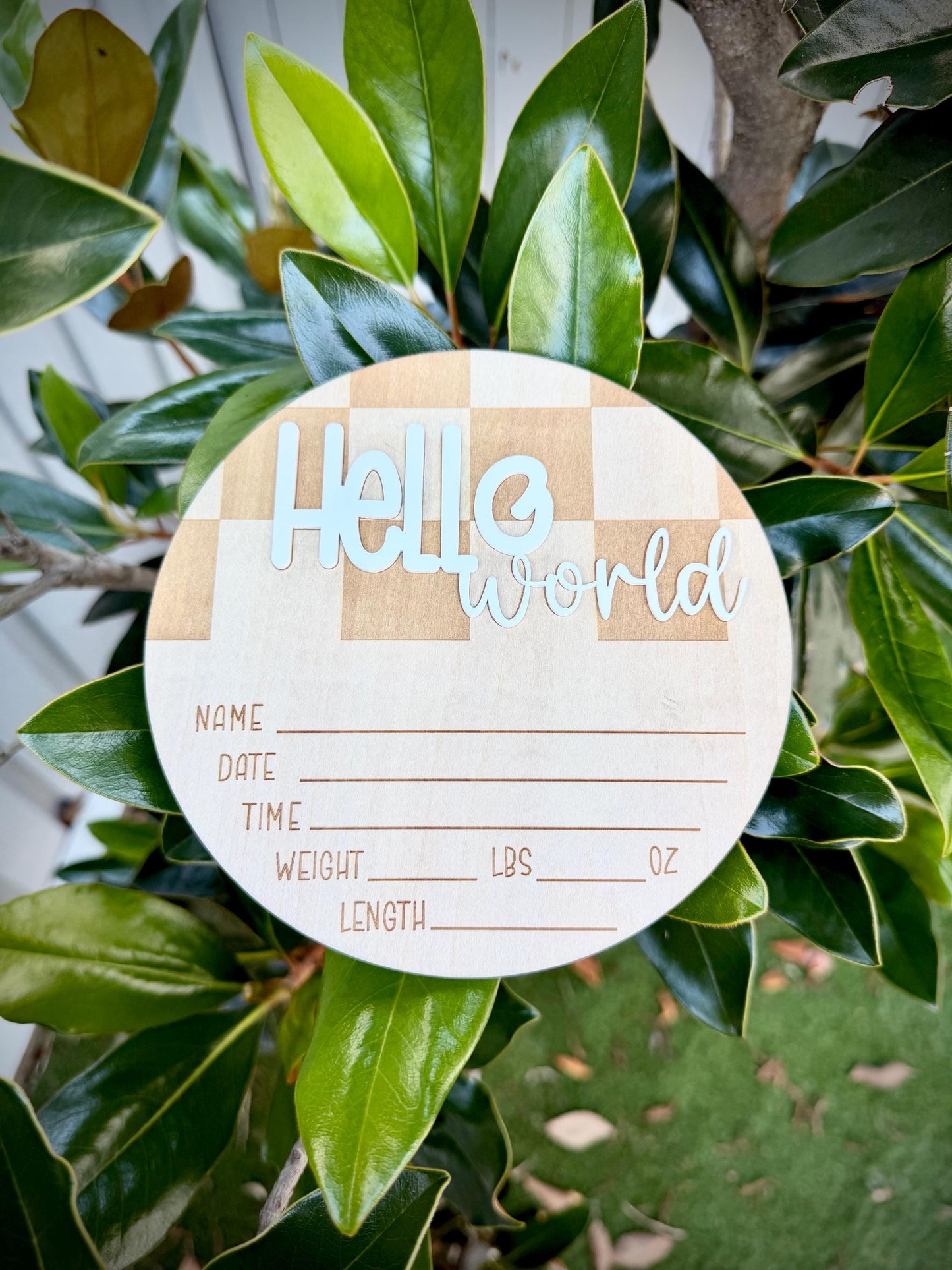 Chequered 'Hello World' Plaque